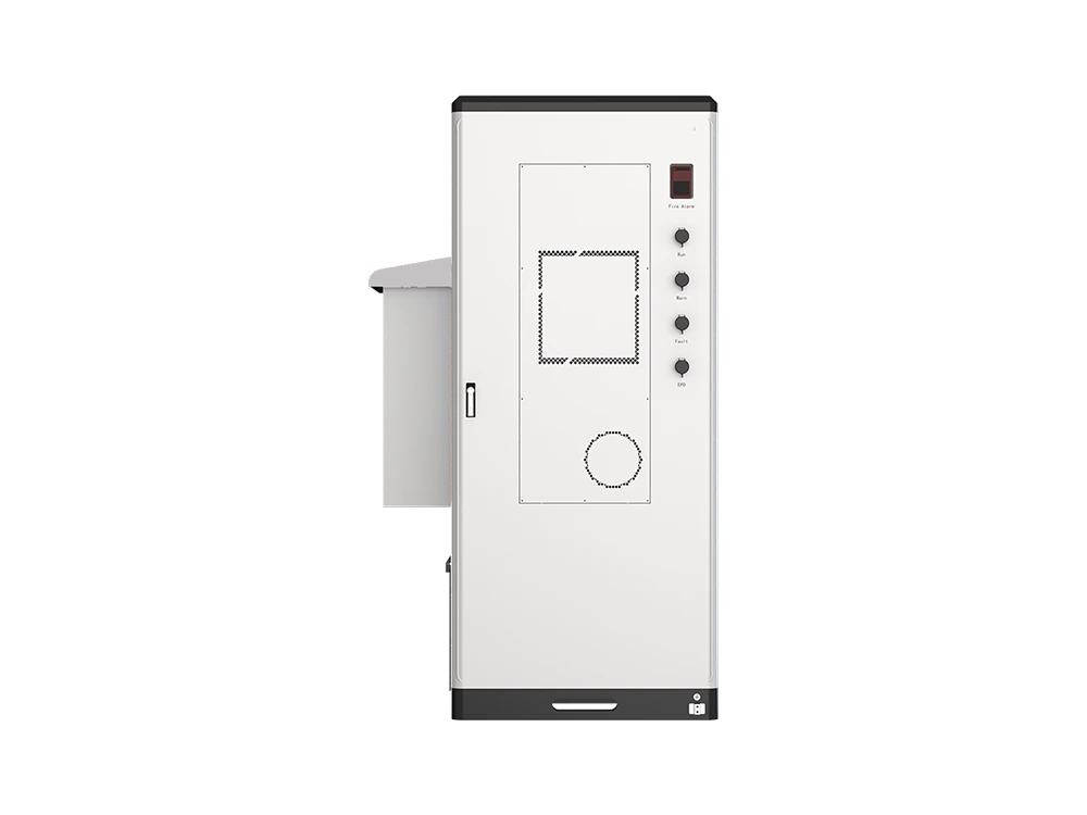 Solvic 241KWH 100KW air cooling battery cabinet front view – front access doors with security locks, LED status indicators, emergency stop button, and control panel for commercial energy storage monitoring