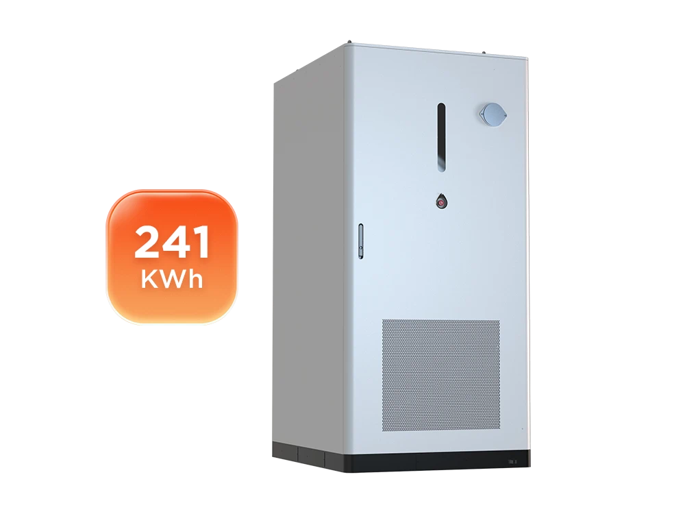 Solvic 241KWH liquid cooling battery cabinet front and side view – liquid cooling pipes and heat exchanger connections on side panel, front access doors with security locks, LED indicators and emergency stop, high-density LFP storage for commercial and utility BESS projects