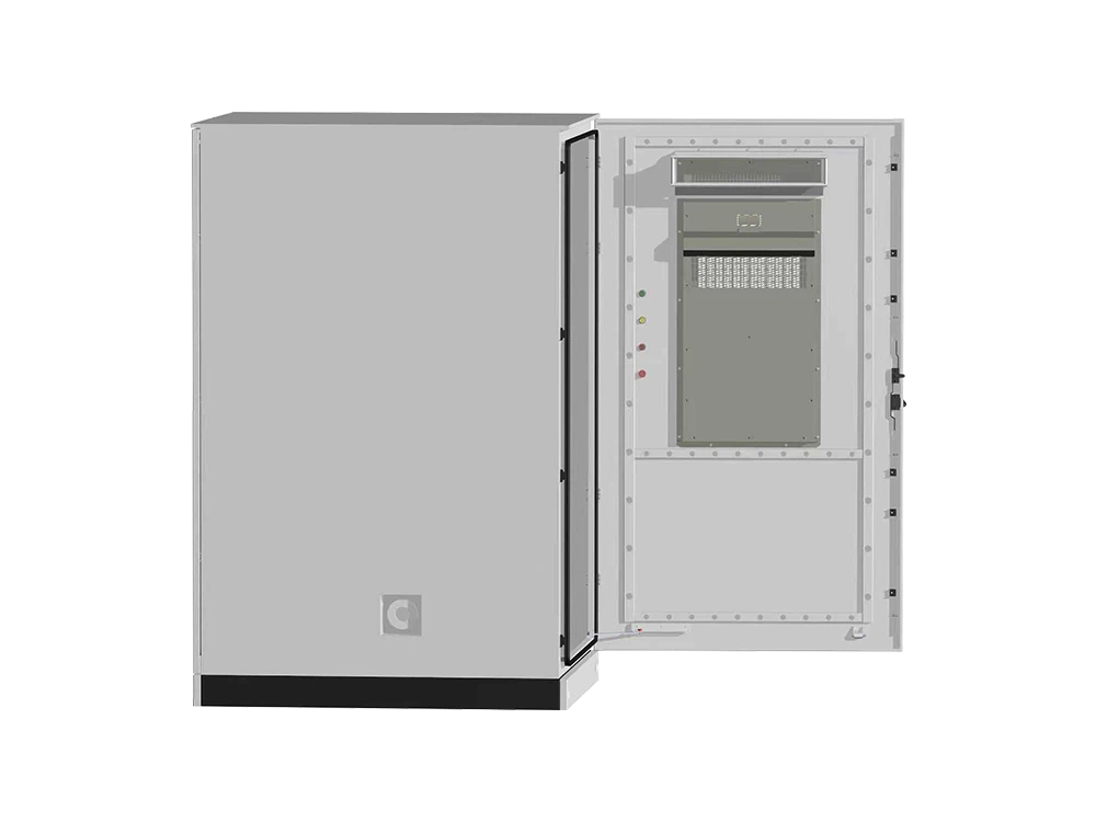 Solvic 96-256KWH outdoor battery cabinet open view – internal layout with battery modules, air cooling ducts and fans, power distribution system, fire suppression interface, and service access for commercial energy storage maintenance