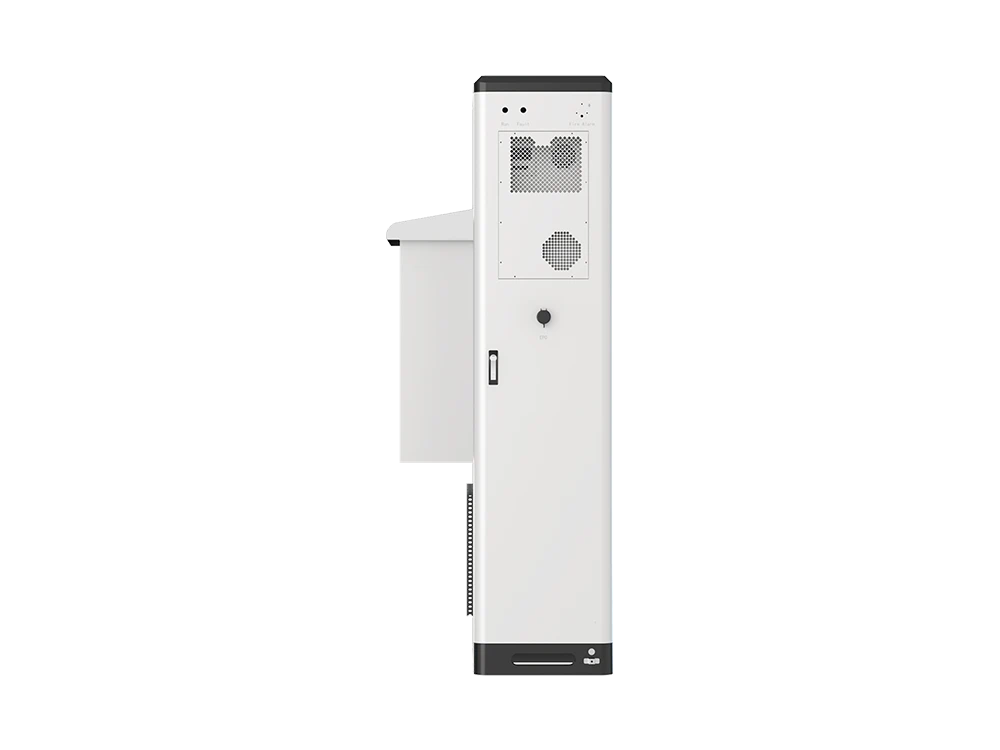 Solvic 30KW 64KWH outdoor battery storage cabinet front view – access doors with security locks, LED status indicators, emergency stop button, and air cooling intake grille for commercial solar storage