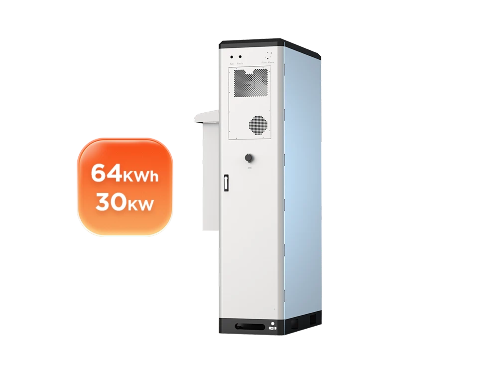 Solvic 64KWH 30KW outdoor battery cabinet front and side view – air cooling vents on side panel, front access doors and control interface, utility-scale LFP energy storage for solar and grid backup