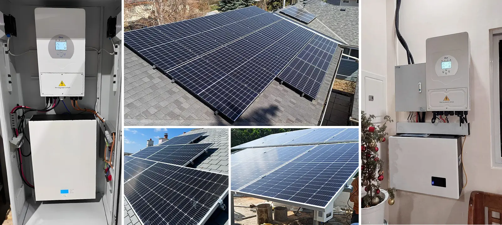 Solvic 6kW US 110V solar storage system case studies collage – residential installations showing rooftop solar panels, wall-mounted hybrid inverter, and battery storage for American home backup and energy savings