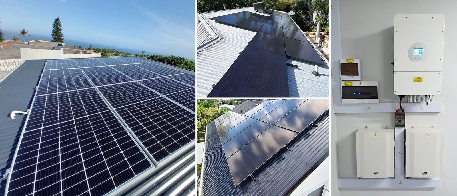 Solvic 8kW US split phase solar storage system case studies collage – residential installations with rooftop solar panels, wall-mounted hybrid inverter, and battery storage, delivering 120/240V for American whole home backup and energy savings