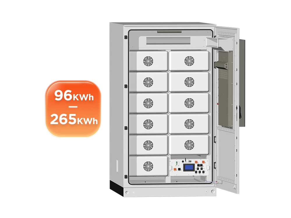 Solvic 96-256KWH 30KW outdoor battery cabinet front and side view – air cooling ventilation louvers on side panel, front access doors with security locks, LED indicators and emergency stop, utility-scale LFP storage for commercial solar and grid backup