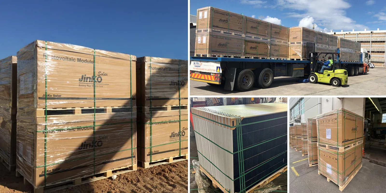 Jinko solar warehouse and transportation collage – large-scale inventory, pallet storage, safety inspection, and shipping containers for global distribution