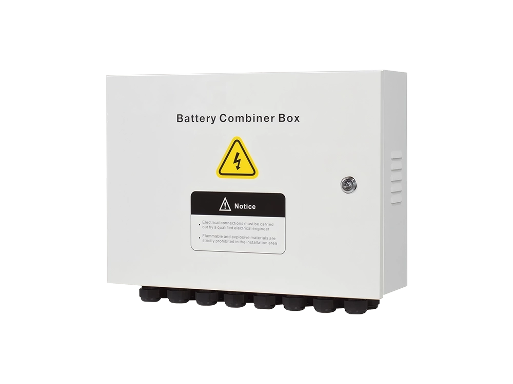 Battery combiner box front and side view – energy storage system combiner consolidating multiple battery strings into single DC output, wall-mounted enclosure with circuit breakers and busbars for commercial and residential ESS projects