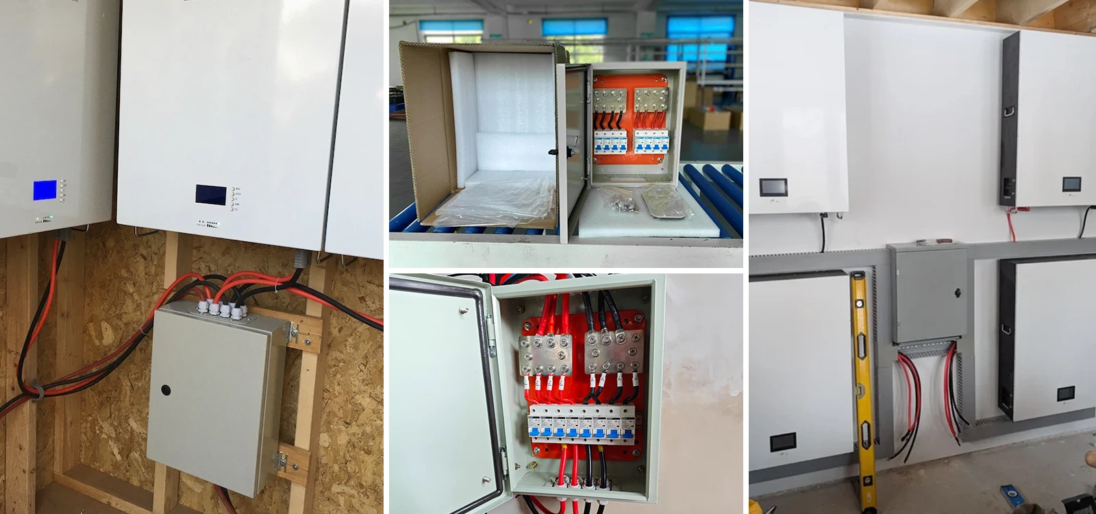 Battery combiner box installation case collage – wall-mounted combiner boxes installed in various energy storage projects, showing residential, commercial, and utility-scale ESS deployments with multiple battery stacks and inverter connections