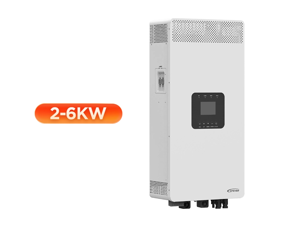 EPEVER HP-AHP20A Series hybrid inverter front and side view – high-frequency inverter charger with pure sine wave output, 2000-5500W rated power, dual PV inputs, MPPT tracking efficiency >99.5%, and parallel operation support for residential and off-grid solar systems