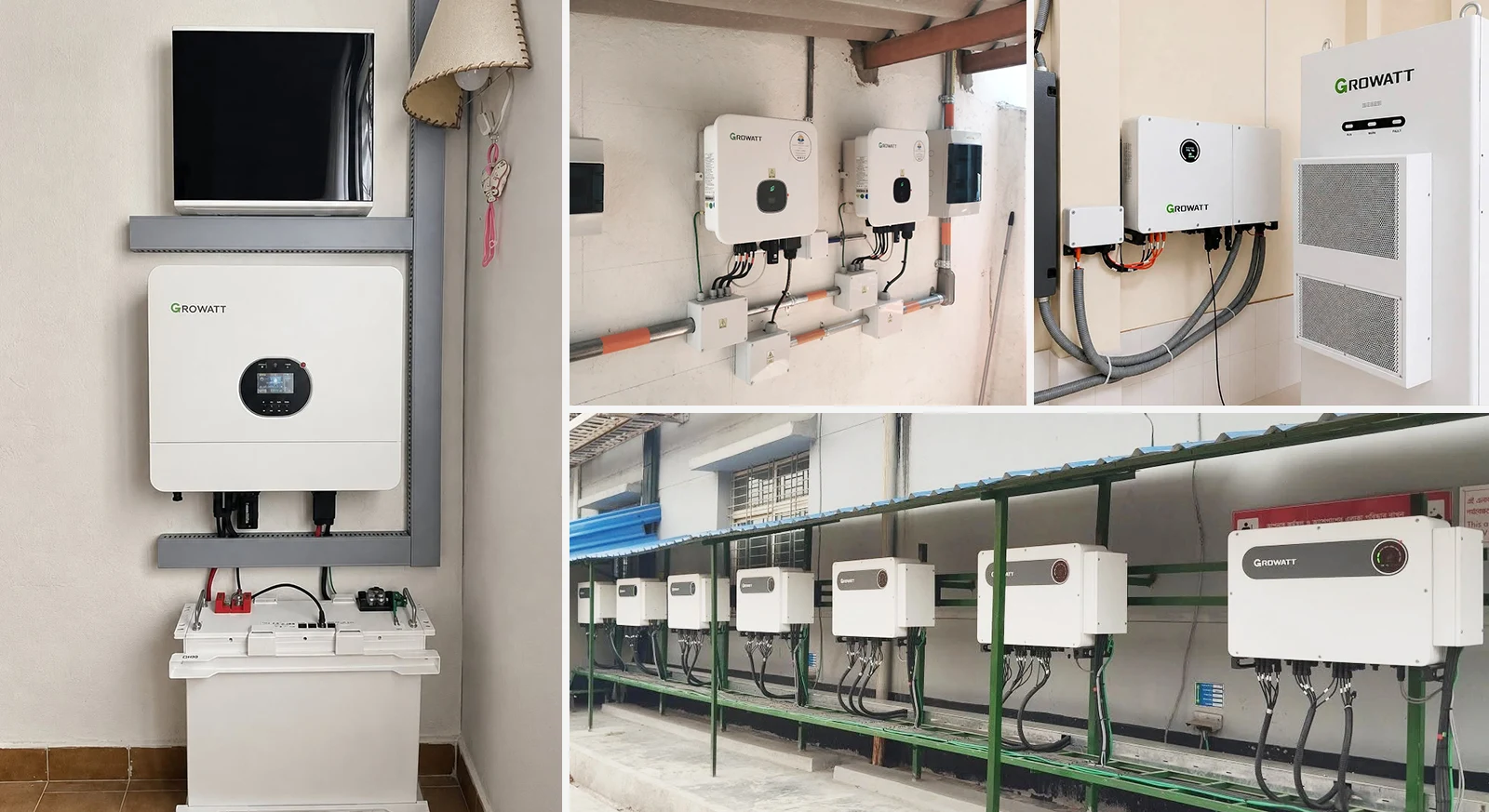 Growatt hybrid inverter installation case – vertical wall installation with mounting bracket, compact design for space-constrained commercial and residential solar storage systems