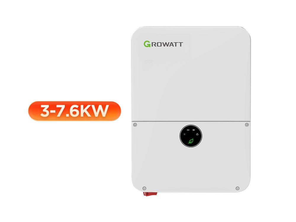 Growatt MIN 3000-7600TL-XH-US single-phase hybrid inverter front view – 3-7.6kW residential solar storage solution, IP65 rated outdoor design with 2-3 MPPT trackers, integrated AFCI/RSD protection for US home backup and self-consumption systems