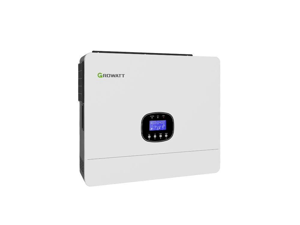 Growatt SPE 6000-12000 US inverter side view – slim wall-mounted design, cooling fan vents, 48V battery compatible, with AC input and generator connection ports