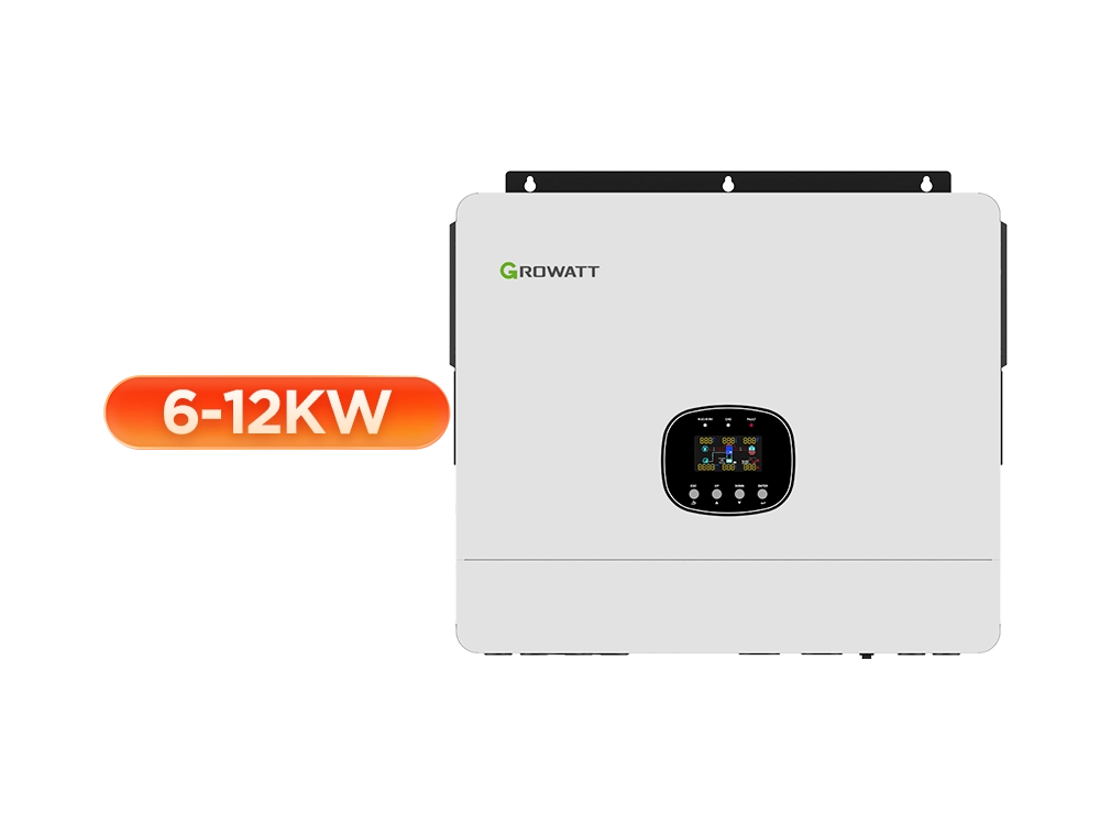 Growatt SPE 6000-12000 US off-grid hybrid inverter front view – 6-12kW split phase power, dual MPPT, LCD display, IP20 protection, scalable up to 9 units for residential solar storage