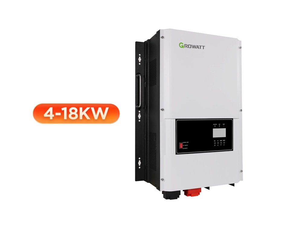 Growatt SPF 4000-18000T DVM-MPV off-grid inverter front and side view – 4kW to 18kW split-phase low-frequency solar inverter with built-in pure copper transformer, pure sine wave output, and 2x surge power for US residential and commercial solar systems
