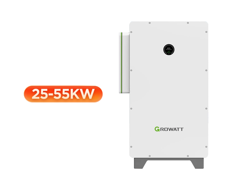 Growatt WIT 28-55K-HU/AU-US L2 three phase hybrid inverter front view – 55kW commercial inverter with OLED display, IP66 rating, UPS black start, and 10ms switching for C&I solar storage systems