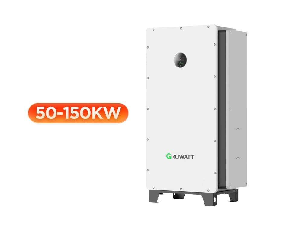 Growatt WIT 50-150K-XHU-US three phase hybrid inverter front view – high-power commercial inverter with 150% off-grid overload capacity, IP66 rating, UPS black start, and scalable C&I solar storage solution