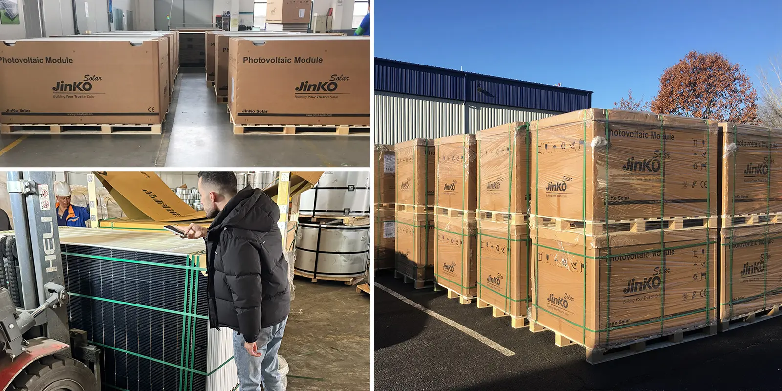 Jinko solar factory and shipping collage – production line, panel packing on pallets, container loading, and logistics dispatch showcasing manufacturing quality and reliable delivery