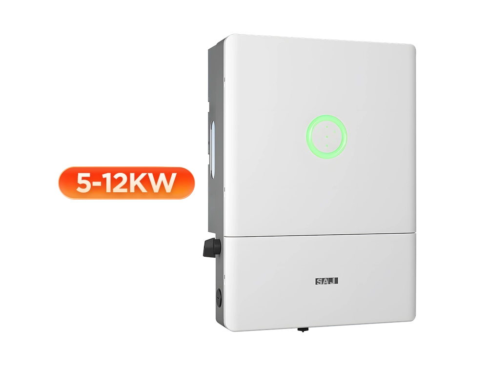 SAJ H2 HV split phase hybrid inverter front view – 5-12kW high voltage residential solar storage solution with 120/240V output, up to 4 MPPTs, 16A PV input, and seamless UPS backup for US and Canadian markets