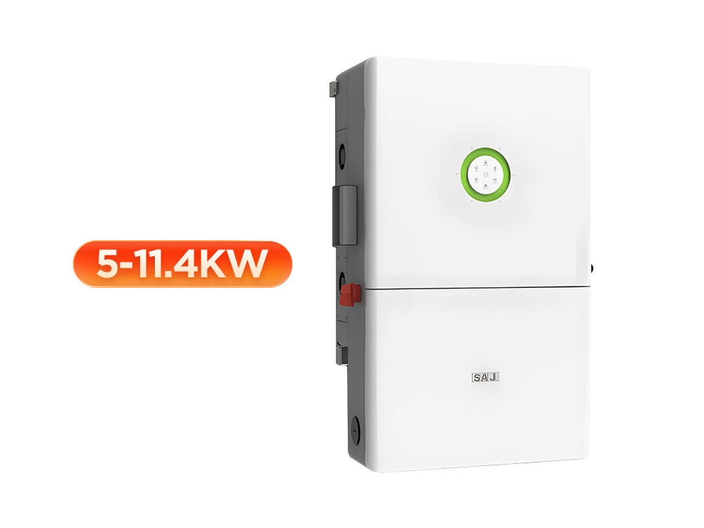 SAJ H2 LV split phase hybrid inverter front view – 5-11.4kW residential solar storage solution with 120/240V output, 200A transfer relay for whole home backup, IP65 outdoor-rated design, and UPS function with ≤20ms switching time for US market