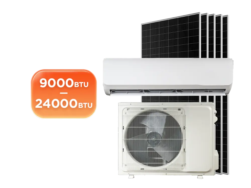 Solar air conditioner 9000-24000 BTU complete system kit – outdoor condenser unit, indoor wall-mounted air handler, and monocrystalline solar PV panels, SEER 35 high efficiency DC inverter cooling for off-grid and hybrid residential applications