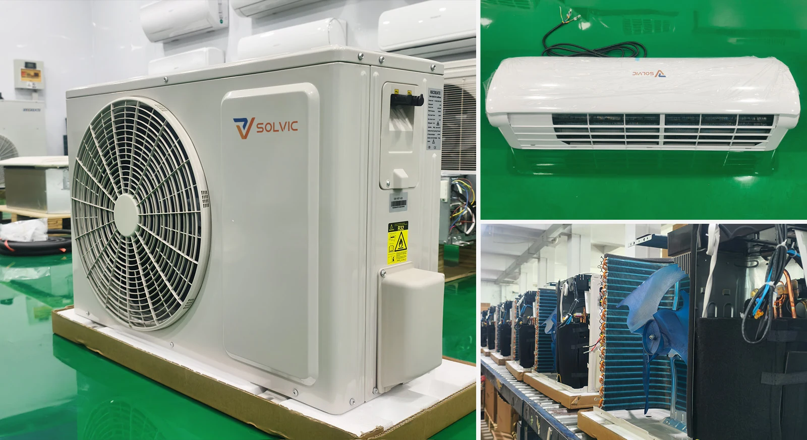 Solar air conditioner factory production photo – automated assembly line, quality control testing, and manufacturing process for DC inverter hybrid solar cooling systems with SEER 35 efficiency