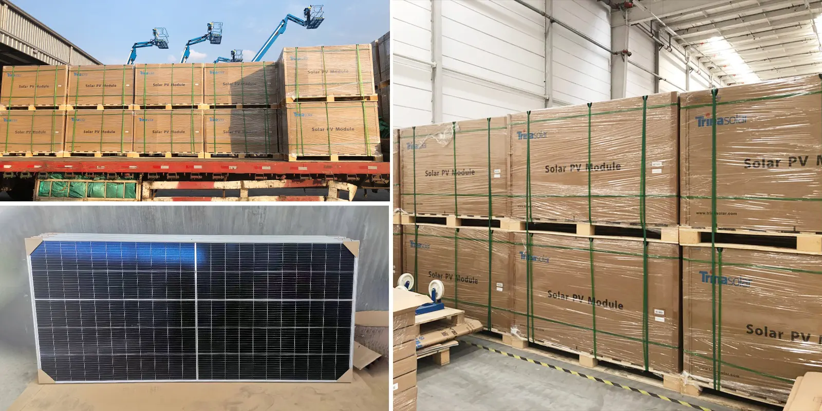 Trina Solar logistics and shipping collage – innovative vertical packaging solution for 600W+ modules, container loading optimization, 10% capacity increase, and maritime freight cost reduction for global solar panel delivery