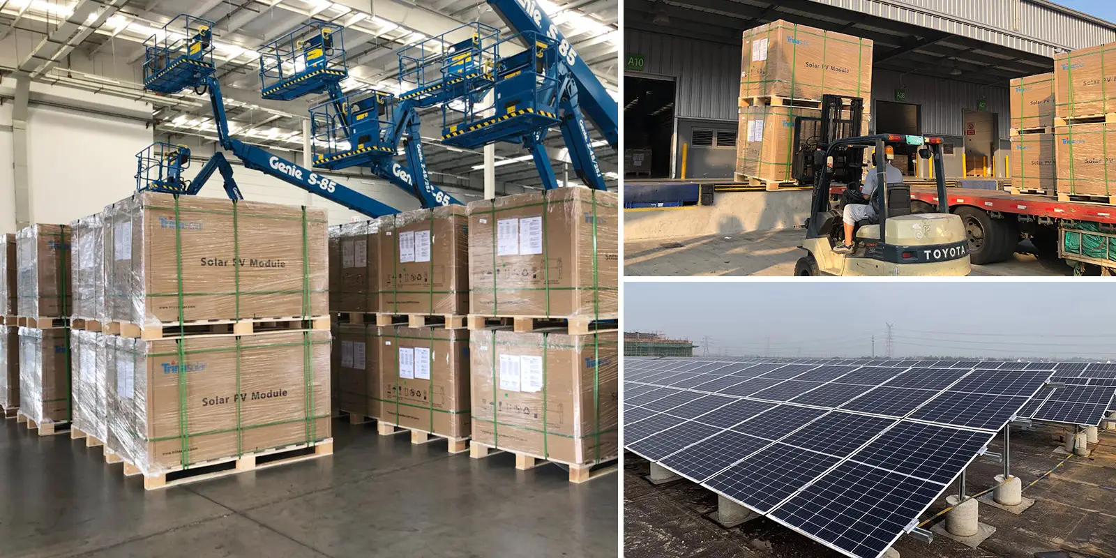 Trina Solar warehouse and global shipping collage – large-scale inventory management at Nanjing and Huai’an CFS facilities, container loading operations, and global distribution network for solar panel deliveries