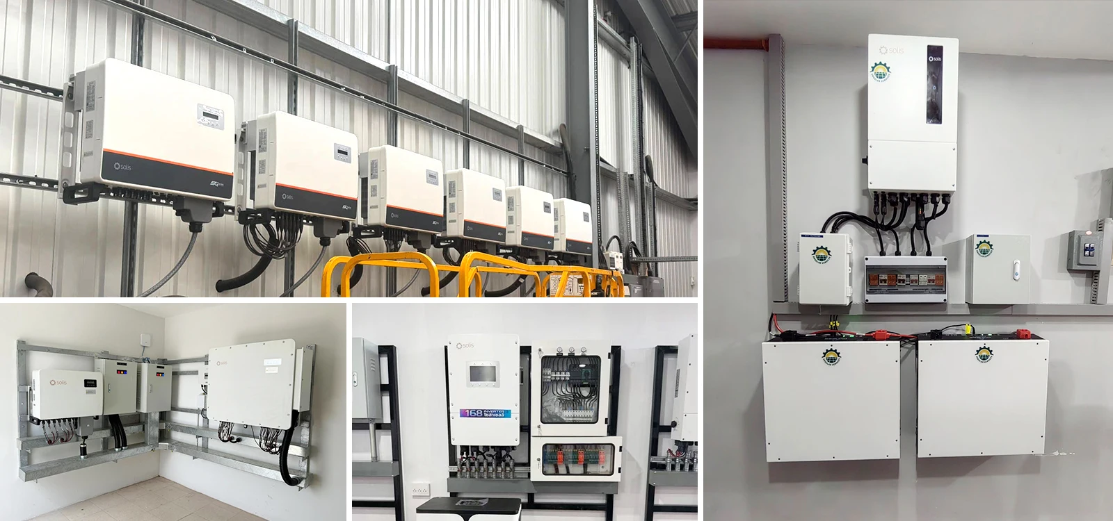 Solis hybrid inverter installation case collage – commercial and residential energy storage projects, showing wall-mounted installations with high voltage battery integration for C&I solar systems