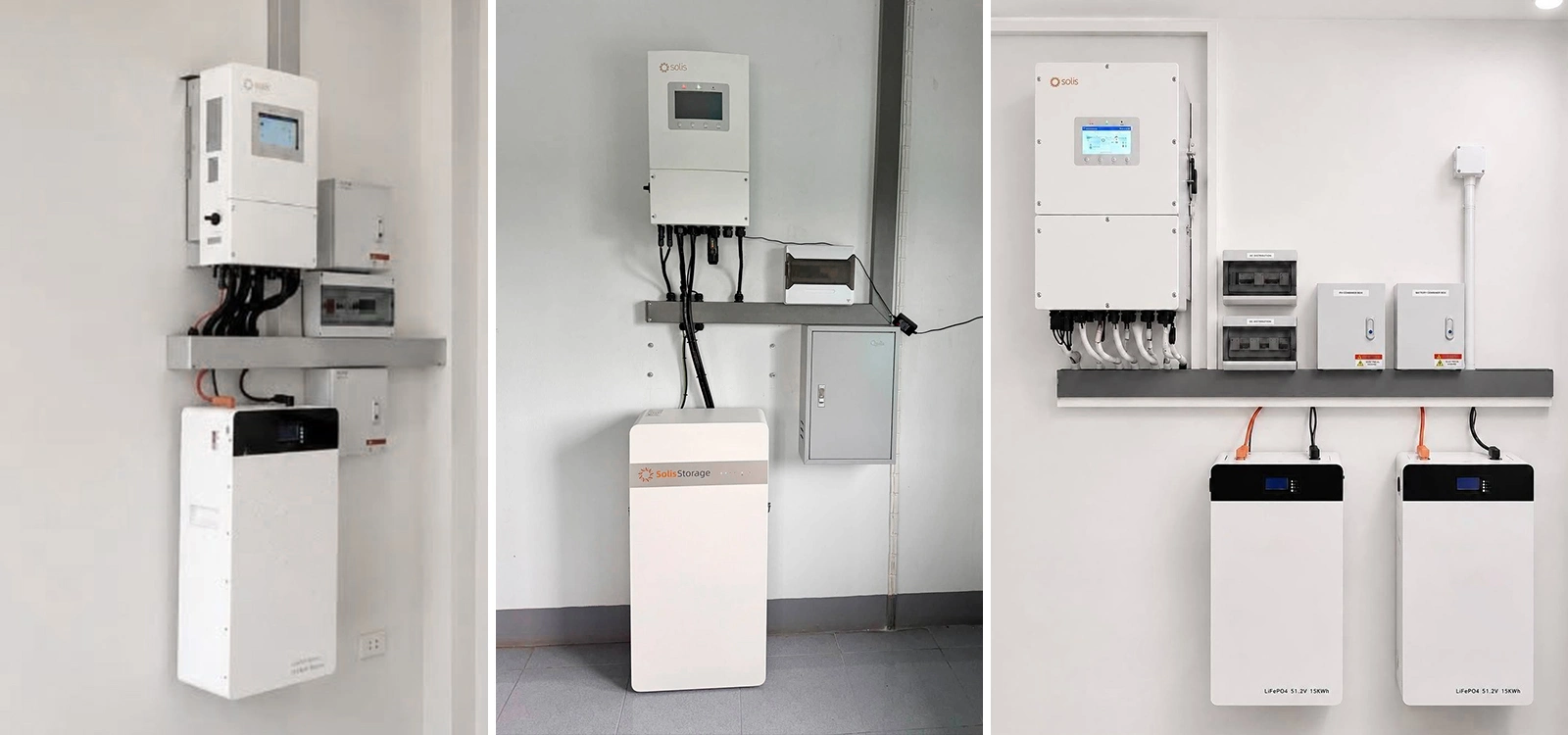 Solis hybrid inverter installation case collage – commercial and residential energy storage projects, showing wall-mounted installations with high voltage battery integration for C&I solar systems