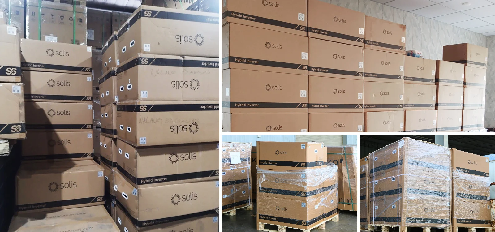 Solis inverter warehouse storage collage – multiple views of stocked inventory, organized pallet storage, and warehouse management for 30kW three phase hybrid inverters ready for global shipping