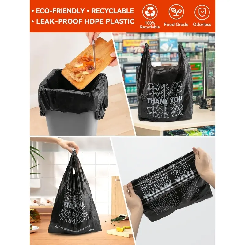 Thank You Plastic Bags,  Black T Shirt Grocery Bags with Handles, Ideal for Restaurants, Retail, Grocery Stores