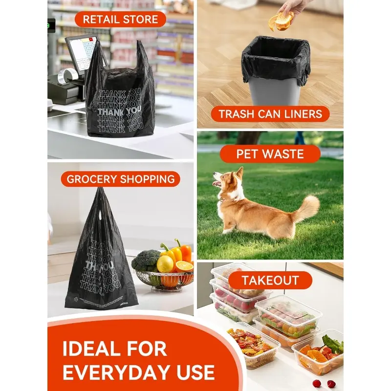 Thank You Plastic Bags,  Black T Shirt Grocery Bags with Handles, Ideal for Restaurants, Retail, Grocery Stores