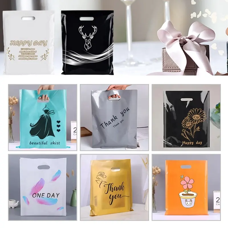 Custom Printed Logo Die Cut Plastic Tote Shopping Bags, Personalized Retail Packaging Bags
