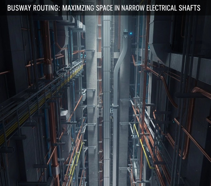 How can I minimize the space required for busway routing in a narrow electrical shaft?