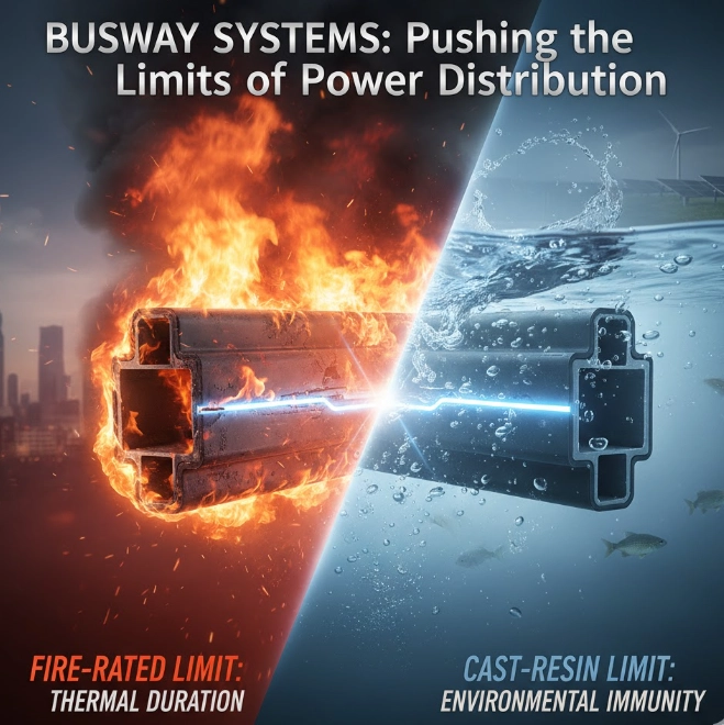 What are the performance limits of fire-rated busway vs. cast-resin busway?