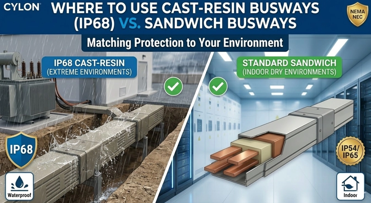 Where should I use cast-resin busways (IP68) instead of sandwich busways