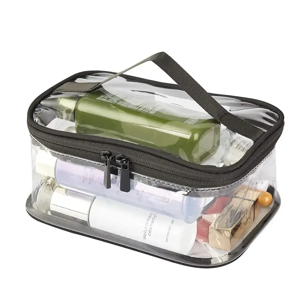 Custom Transparent PVC Waterproof Pink Cosmetic Case with Zipper and Handle Makeup Bag