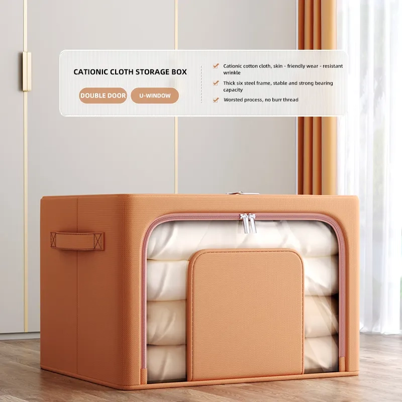 Foldable Waterproof Sateen Fabric Steel Frame Sewn Clothes Storage Organizer Bag for Bedding