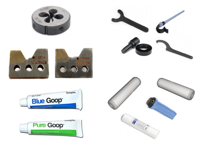 threading dies, filters, wrenches, blue goop, blades waterjet tools dealer