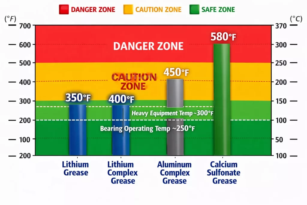 Grease dropping point comparison chart ASTM D2265 test results showing lithium vs calcium sulfonate high temperature performance safety margins