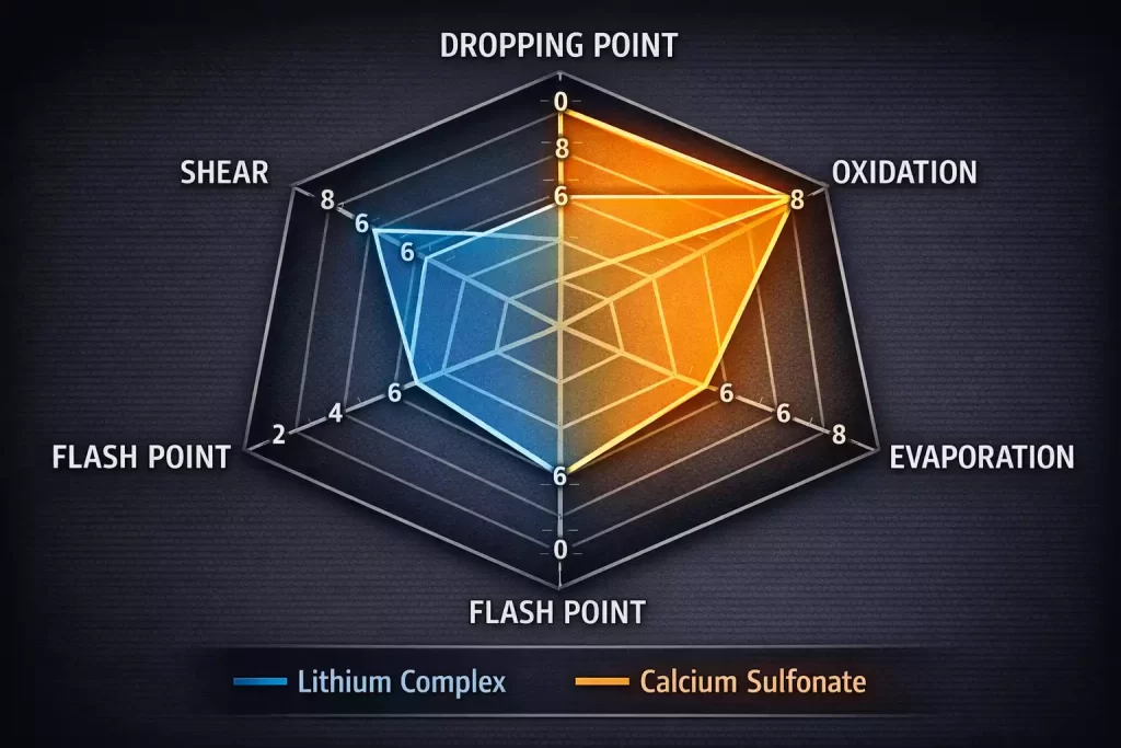 Multi dimensional performance comparison radar chart lithium complex vs calcium sulfonate grease showing dropping point oxidation evaporation shear stability