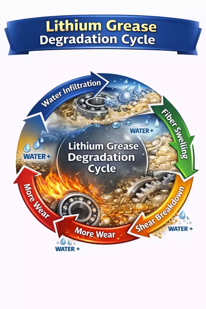 Lithium grease degradation cycle diagram showing water washout and mechanical shear stability failure mechanism feedback loop
