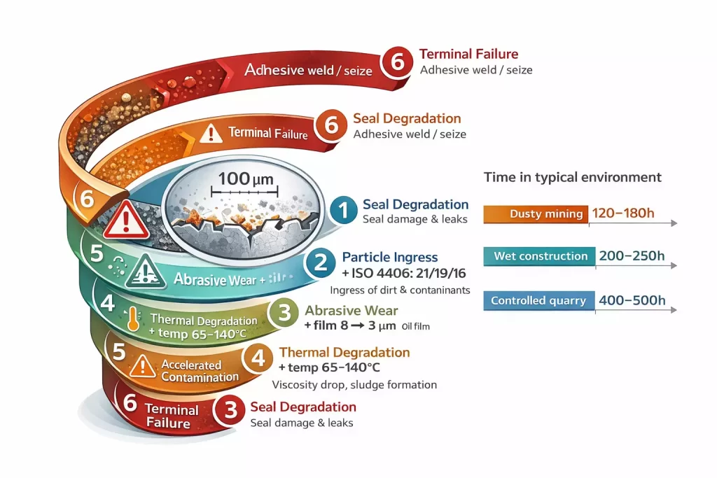 Six-stage contamination death spiral showing ISO 4406 cleanliness code degradation in excavator bearings