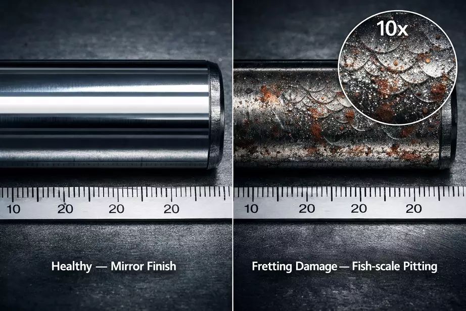 Excavator bearing pin comparison showing fretting wear damage versus normal mirror-finish pin.