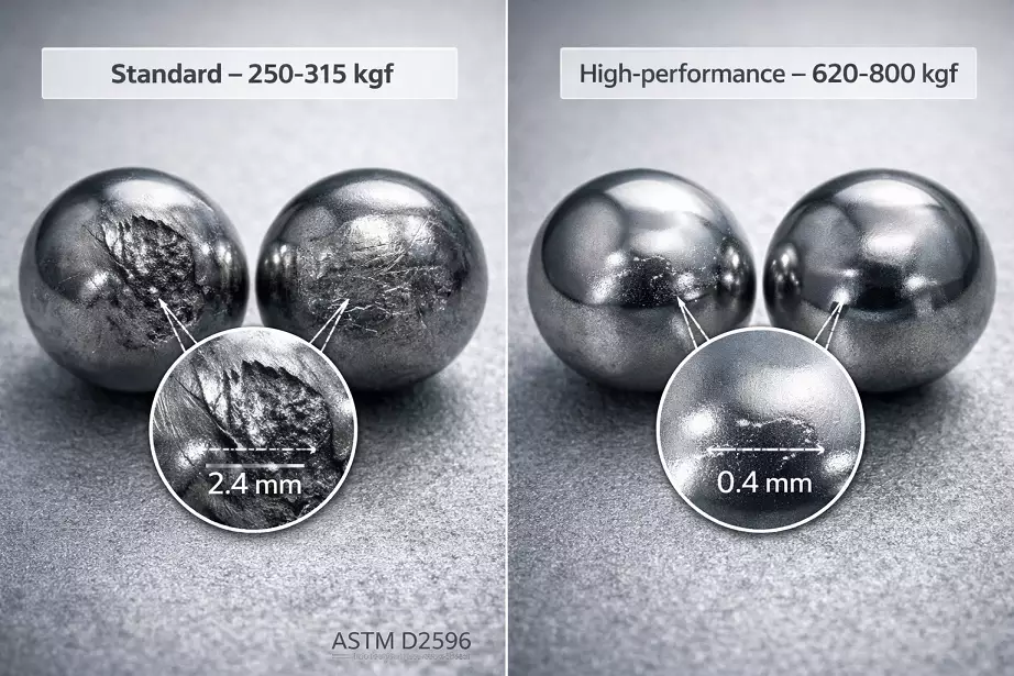 ASTM D2596 four-ball weld load test results comparing standard versus high-performance excavator grease
