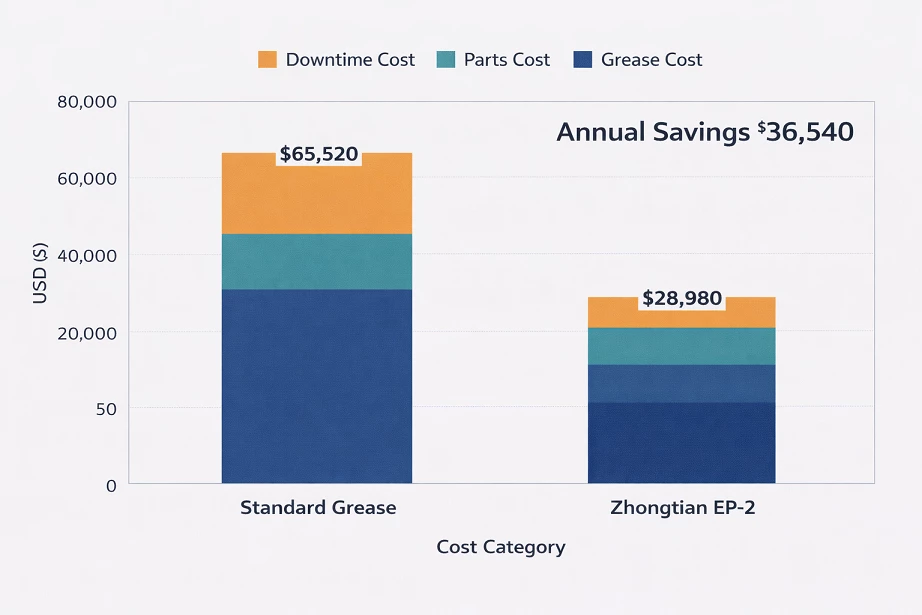 Total cost comparison showing annual savings from switching to high-performance excavator bearing grease