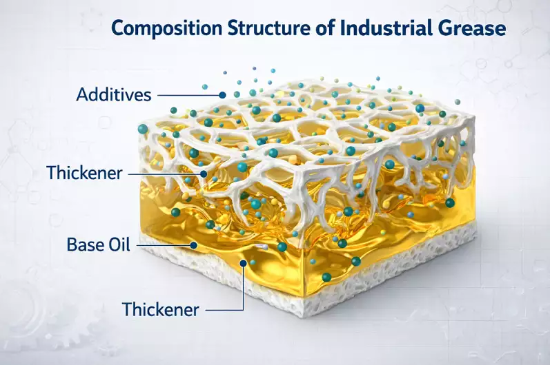 Industrial-grease-composition-diagram-showing-base-oil-thickener-matrix-and-additive-system