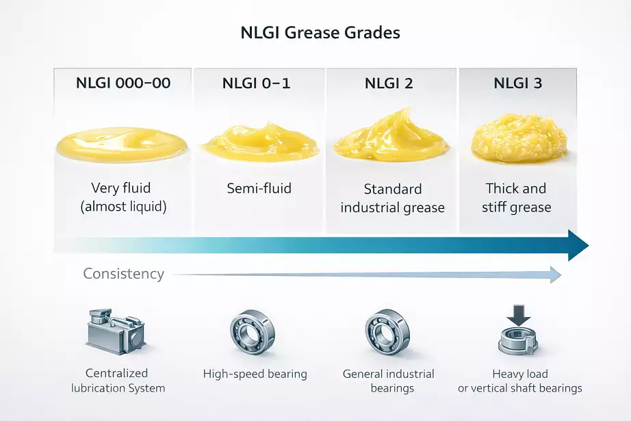 NLGIグリース等級表：粘度レベルと代表的なベアリング用途