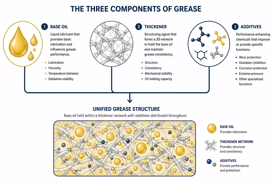 Diagrama que muestra los tres componentes de la grasa: aceite base, espesante y aditivos.