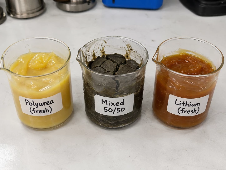 Muestras de laboratorio sobre la incompatibilidad entre la grasa de poliurea y la grasa de litio muestran endurecimiento tras la mezcla.
