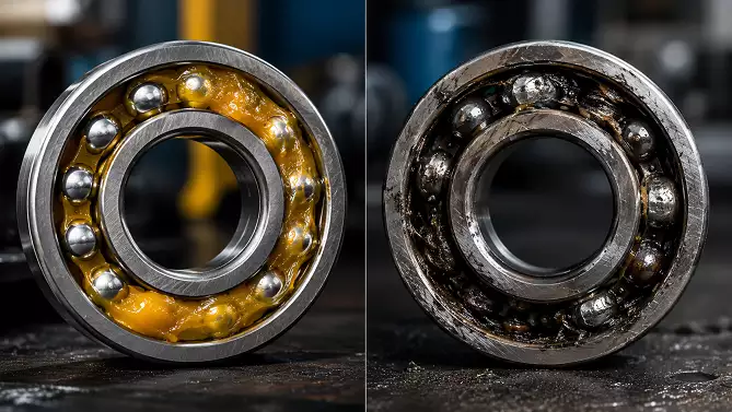 Comparación de un cojinete sano lubricado con grasa frente a un cojinete averiado con grasa degradada.
